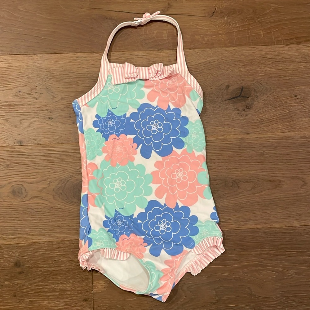 EUC Rufffle Butts One Piece Swimsuit Halter Pink Mint Blue Striped Bow size 8